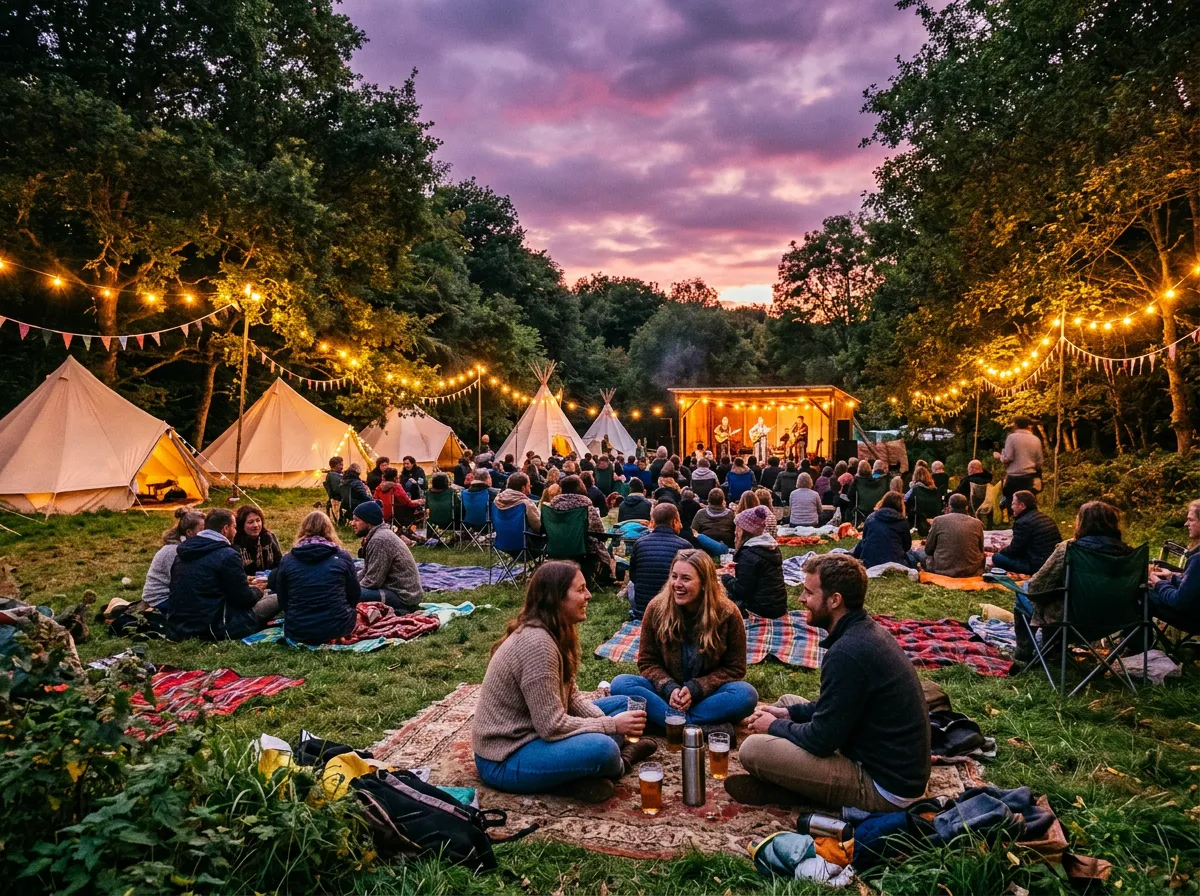 Festival-goers gathered under festoon lights at dusk