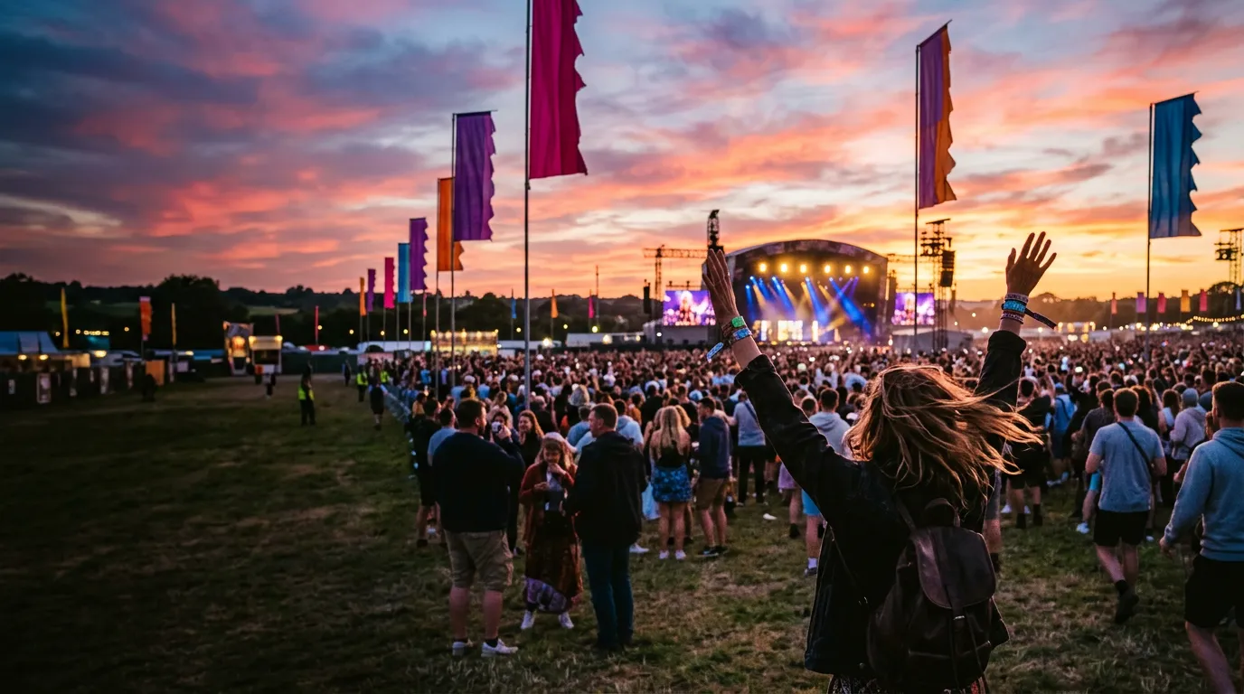 Festival-goer with arms raised in front of a sunset crowd and stage