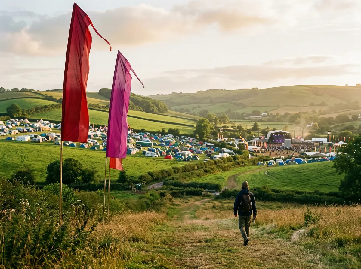 Festival site in the Somerset countryside at golden hour